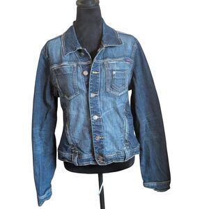 Yuka Jeans Womens XL Blue Denim Trucker Jacket Stretch Button Up Fitted Med Wash